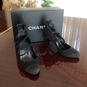 👠 Chanel Black Satin Triple Strap Mary Jane Pumps
